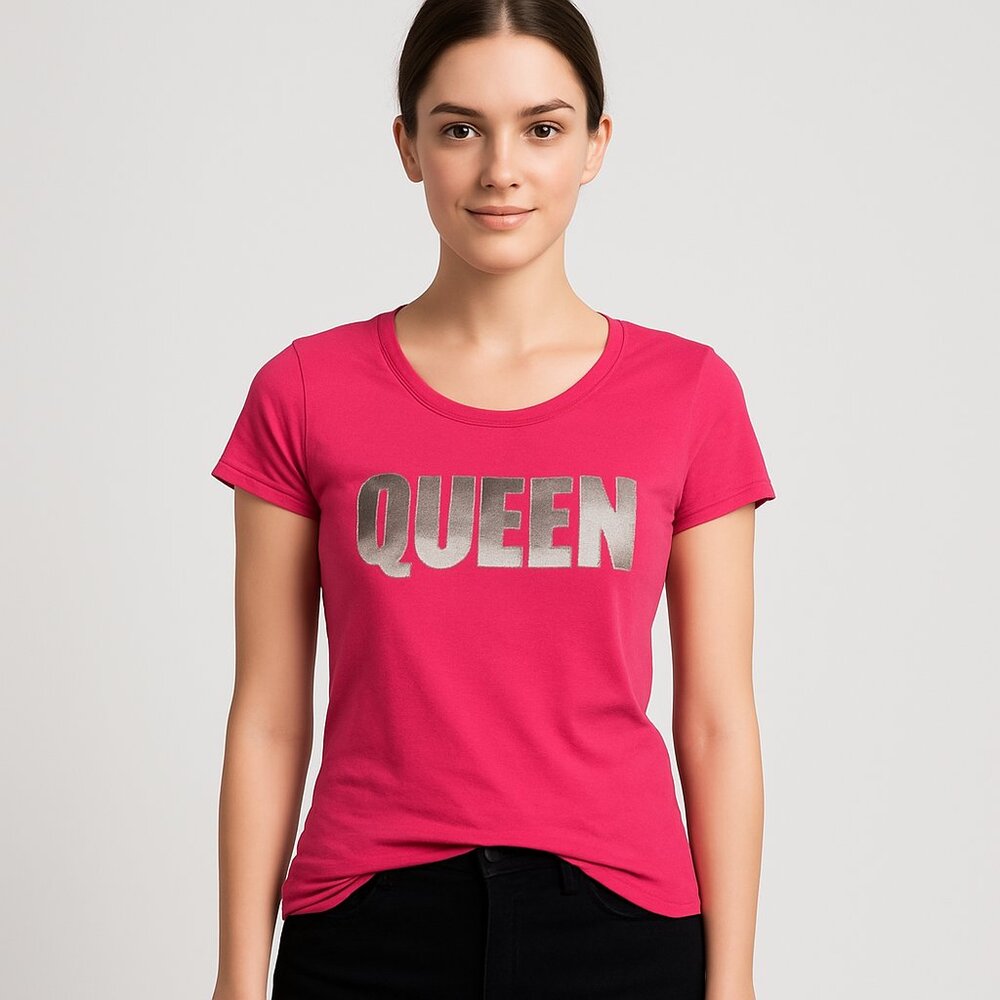 New York & Company‎ “QUEEN” Graphic Tee Hot Pink Metallic Lettering